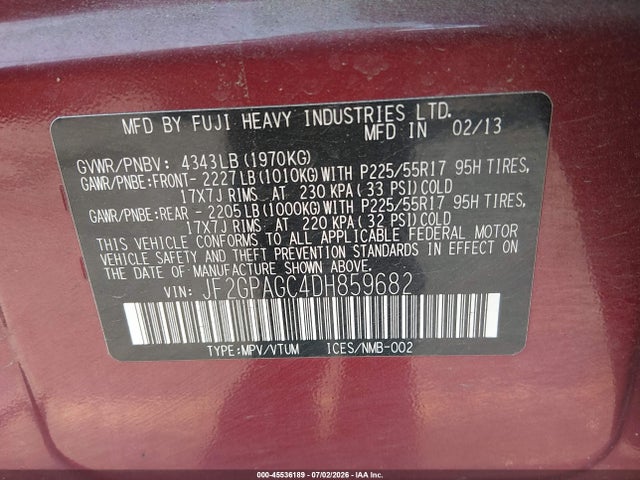 Продаж на аукціоні авто 2013 Subaru Xv Crosstrek 2.0i Limited, vin: JF2GPAGC4DH859682, номер лоту: 45536189