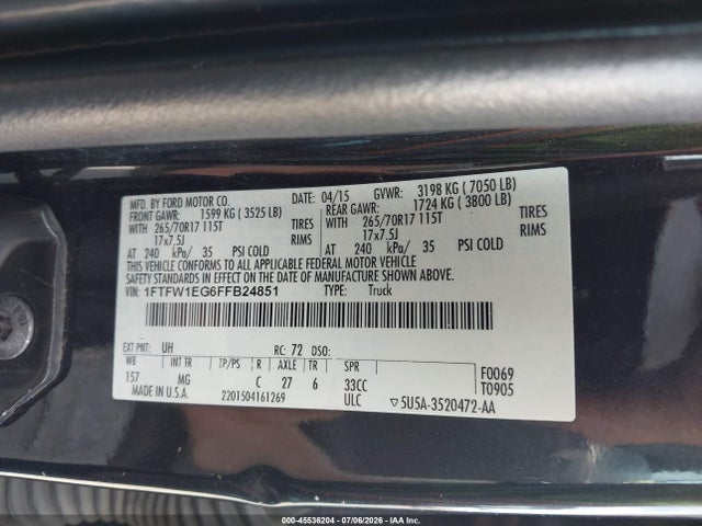 45536204 :رقم المزاد ، 1FTFW1EG6FFB24851 vin ، 2015 Ford F-150 King Ranch/lariat/platinum/xl/xlt مزاد بيع
