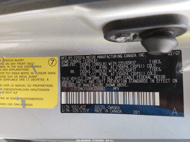 Aukcja sprzedaży 2008 Lexus Rx 350, vin: 2T2HK31UX8C050062, numer aukcji: 45536206