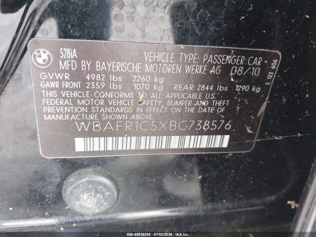 45536208 :رقم المزاد ، WBAFR1C5XBC738576 vin ، 2011 Bmw 528i مزاد بيع