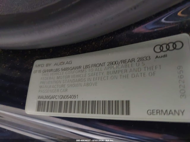 45536227 :رقم المزاد ، WAUWGAFC1GN054091 vin ، 2016 Audi A7 3.0 Premium Plus مزاد بيع