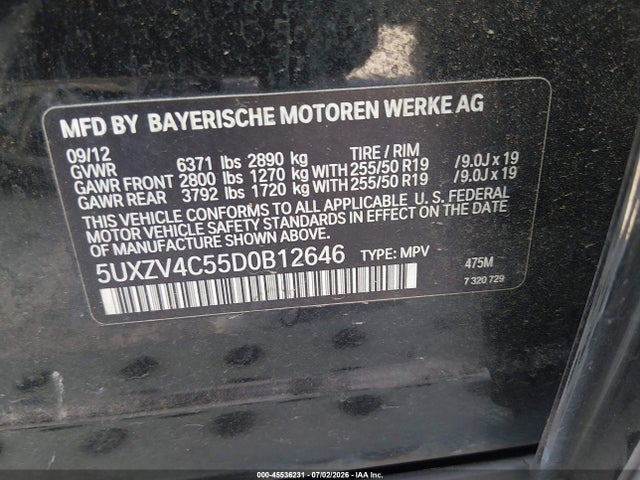45536231 :رقم المزاد ، 5UXZV4C55D0B12646 vin ، 2013 Bmw X5 Xdrive35i/xdrive35i Premium/xdrive35i Sport Activity مزاد بيع