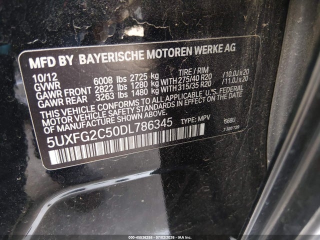 45536258 :رقم المزاد ، 5UXFG2C50DL786345 vin ، 2013 Bmw X6 Xdrive35i مزاد بيع
