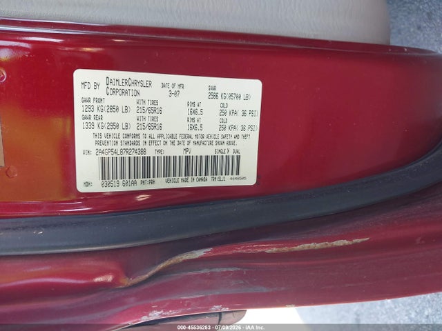 2007 Chrysler Town & Country Touring მანქანა იყიდება აუქციონზე, vin: 2A4GP54L87R274388, აუქციონის ნომერი: 45536283