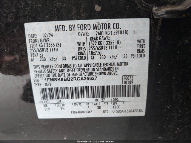 Продажа на аукционе авто 2024 Ford Explorer, vin: 1FMSK8BB2RGA25627, номер лота: 45536313