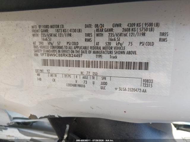 Aukcja sprzedaży 2024 Ford Transit-350, vin: 1FTBW9C88RKB24497, numer aukcji: 45536311