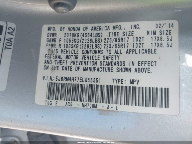 Honda Cr-v Ex-l 2014 5J6RM4H77EL055551 Image 9