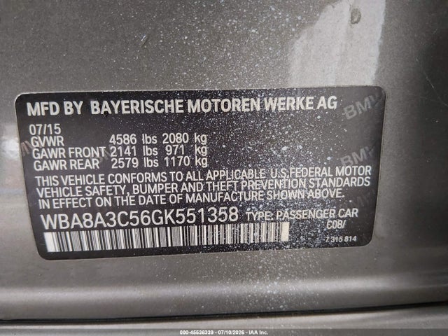 Aukcja sprzedaży 2016 Bmw 320i Xdrive, vin: WBA8A3C56GK551358, numer aukcji: 45536339