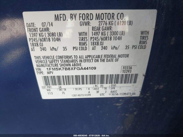 45536345 :رقم المزاد ، 1FM5K7B8XFGA44109 vin ، 2015 Ford Explorer مزاد بيع