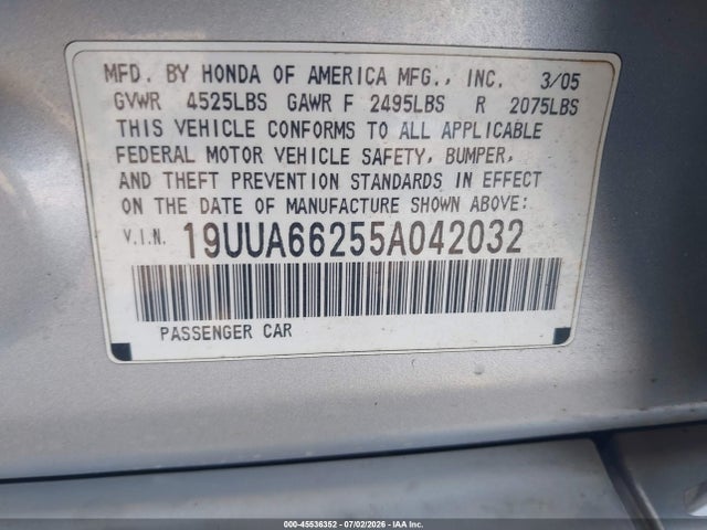 45536352 :رقم المزاد ، 19UUA66255A042032 vin ، 2005 Acura Tl مزاد بيع