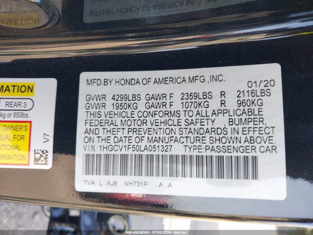 1HGCV1F50LA051327 Honda Accord Ex-l