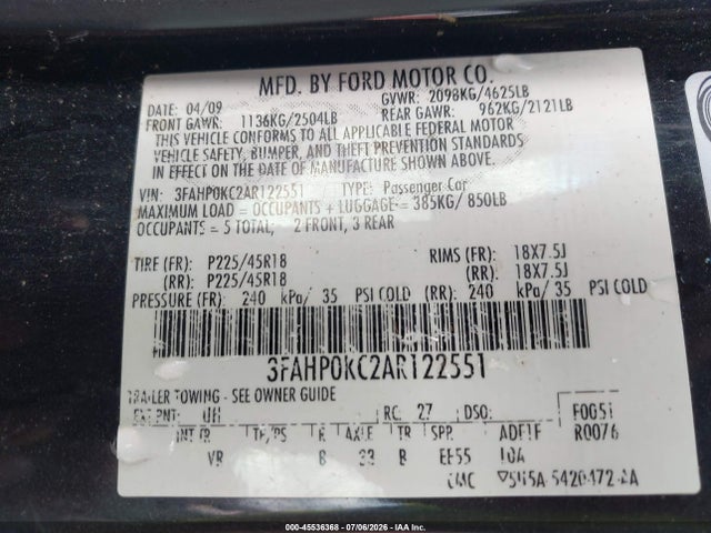 Продажа на аукционе авто 2010 Ford Fusion Sport, vin: 3FAHP0KC2AR122551, номер лота: 45536368