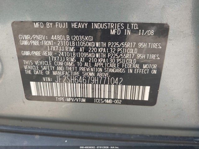 2009 Subaru Forester 2.5x Limited მანქანა იყიდება აუქციონზე, vin: JF2SH64679H771042, აუქციონის ნომერი: 45536382