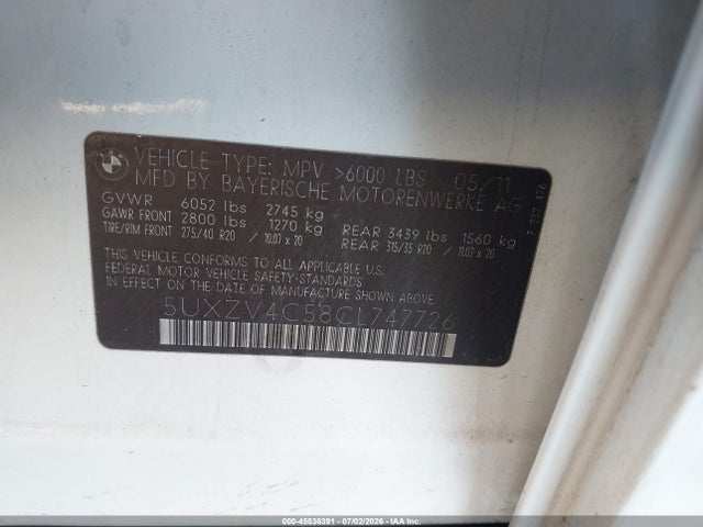 Продаж на аукціоні авто 2012 Bmw X5 Xdrive35i/xdrive35i Premium/xdrive35i Sport Activity, vin: 5UXZV4C58CL747726, номер лоту: 45536391