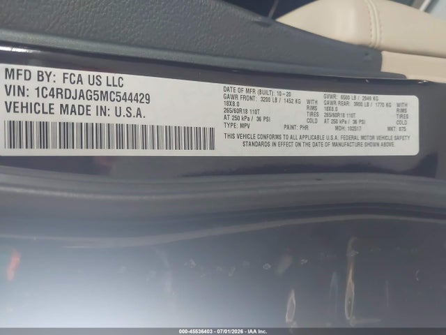 45536403 :رقم المزاد ، 1C4RDJAG5MC544429 vin ، 2021 Dodge Durango Sxt Plus Awd مزاد بيع