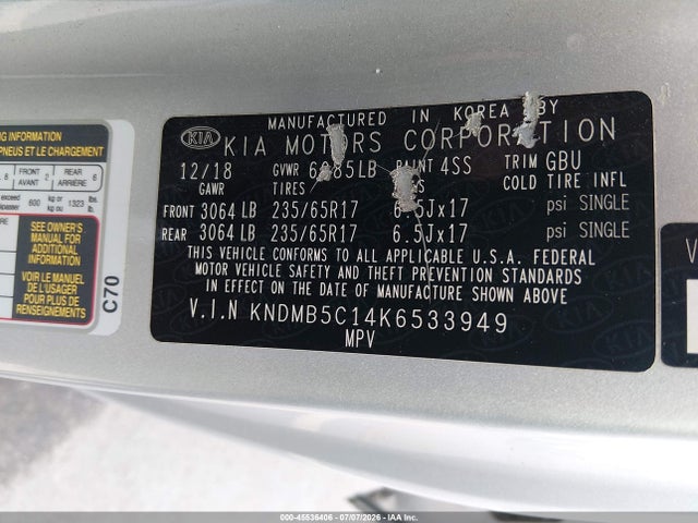45536406 :رقم المزاد ، KNDMB5C14K6533949 vin ، 2019 Kia Sedona Lx مزاد بيع
