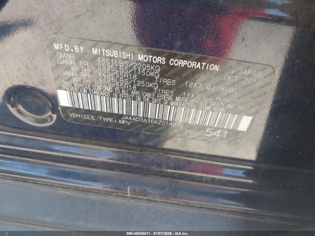 Auction sale of the 2019 Mitsubishi Outlander Sel, vin: JA4AD3A36KZ014593, lot number: 45536411