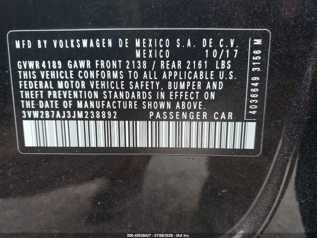 Продажа на аукционе авто 2018 Volkswagen Jetta 1.4t S, vin: 3VW2B7AJ3JM238892, номер лота: 45536427