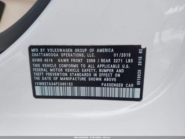 Продаж на аукціоні авто 2015 Volkswagen Passat 1.8t Se, vin: 1VWBS7A34FC065152, номер лоту: 45536435