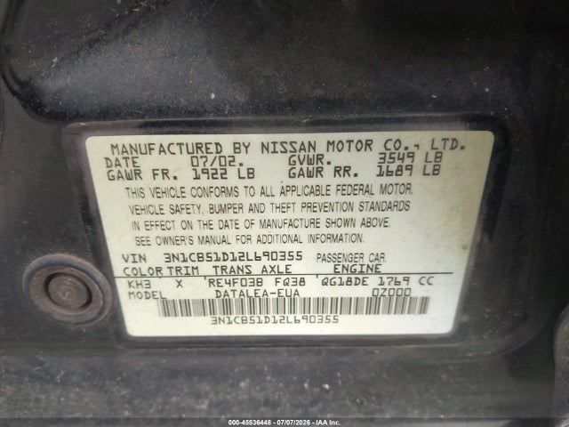 Aukcja sprzedaży 2002 Nissan Sentra Gxe, vin: 3N1CB51D12L690355, numer aukcji: 45536448