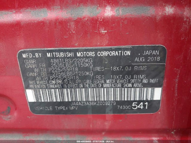 45536485 :رقم المزاد ، JA4AZ3A36KZ009279 vin ، 2019 Mitsubishi Outlander Sel مزاد بيع