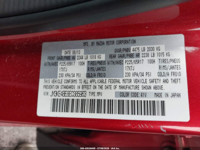 45536489 :رقم المزاد ، JM3KE4BE8E0385963 vin ، 2014 Mazda Cx-5 Sport مزاد بيع