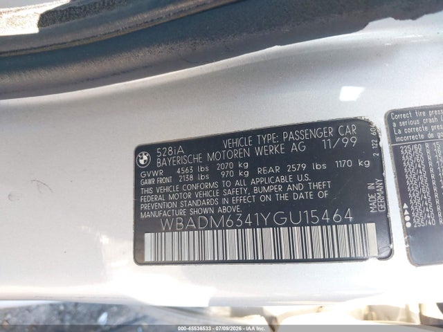 Aukcja sprzedaży 2000 Bmw 528ia, vin: WBADM6341YGU15464, numer aukcji: 45536533