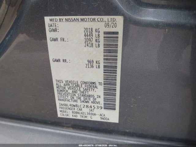 45536576 :رقم المزاد ، 1N4BL4DW8LC284539 vin ، 2020 Nissan Altima Sv Intelligent Awd مزاد بيع