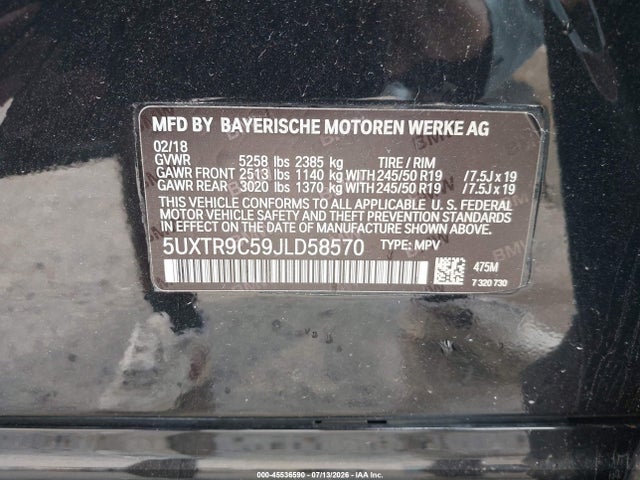Продаж на аукціоні авто 2018 Bmw X3 Xdrive30i, vin: 5UXTR9C59JLD58570, номер лоту: 45536590