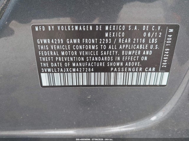 Продажа на аукционе авто 2012 Volkswagen Jetta 2.0l Tdi, vin: 3VWLL7AJXCM427284, номер лота: 45536596