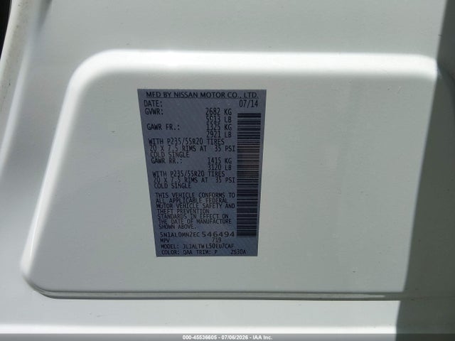 2014 Infiniti Qx60 მანქანა იყიდება აუქციონზე, vin: 5N1AL0MN2EC546494, აუქციონის ნომერი: 45536605