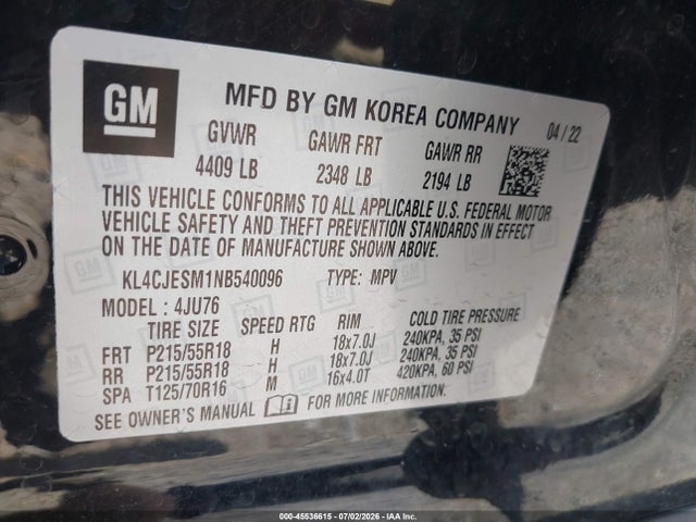 Aukcja sprzedaży 2022 Buick Encore Awd Preferred, vin: KL4CJESM1NB540096, numer aukcji: 45536615