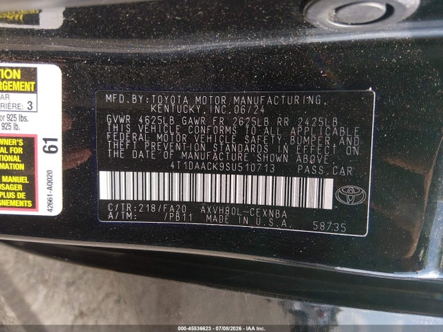 2025 Toyota Camry Le მანქანა იყიდება აუქციონზე, vin: 4T1DAACK9SU510713, აუქციონის ნომერი: 45536623