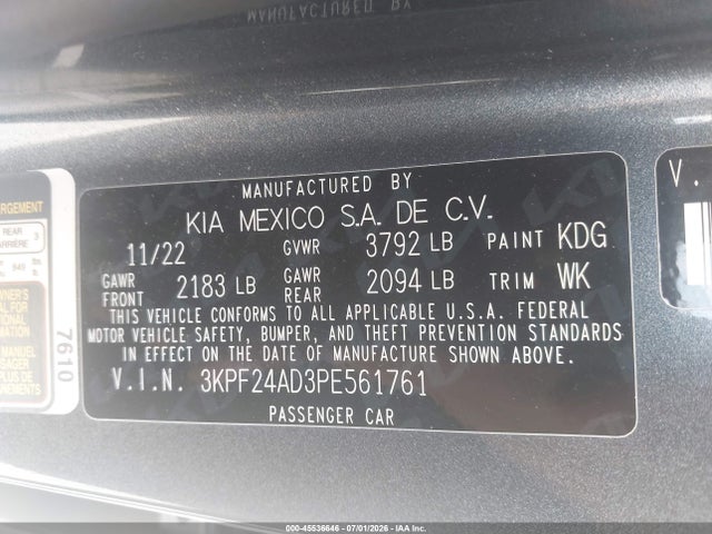 Продаж на аукціоні авто 2023 Kia Forte Lxs, vin: 3KPF24AD3PE561761, номер лоту: 45536646