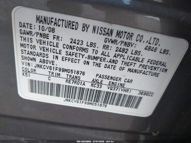 Продаж на аукціоні авто 2009 Infiniti G37x, vin: JNKCV61F99M051876, номер лоту: 45536668