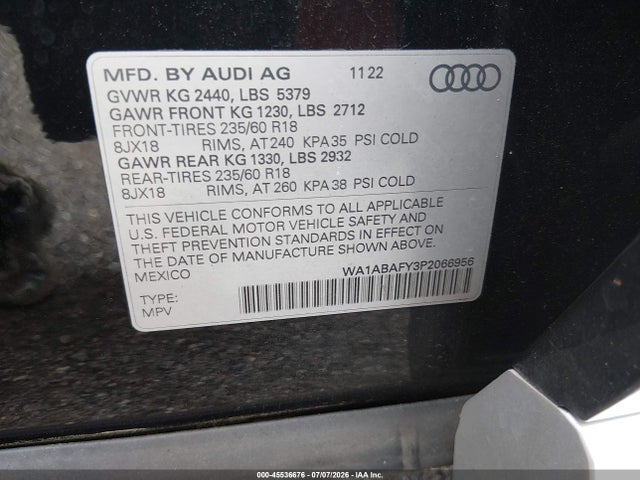 2023 Audi Q5 Premium 40 Tfsi Quattro S Tronic მანქანა იყიდება აუქციონზე, vin: WA1ABAFY3P2066956, აუქციონის ნომერი: 45536676