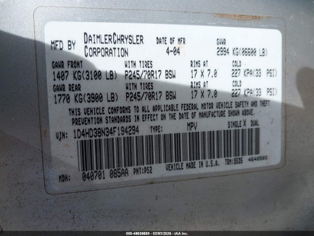 Aukcja sprzedaży 2004 Dodge Durango St, vin: 1D4HD38N34F194294, numer aukcji: 45536681