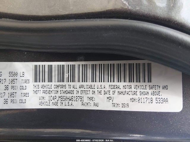 45536692 :رقم المزاد ، 1C4PJMBS0HW612791 vin ، 2017 Jeep Cherokee Trailhawk مزاد بيع