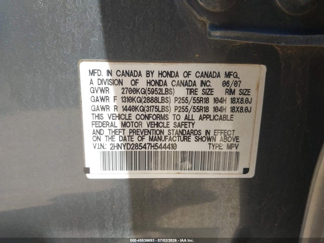 45536693 :رقم المزاد ، 2HNYD28547H544410 vin ، 2007 Acura Mdx Sport Package مزاد بيع