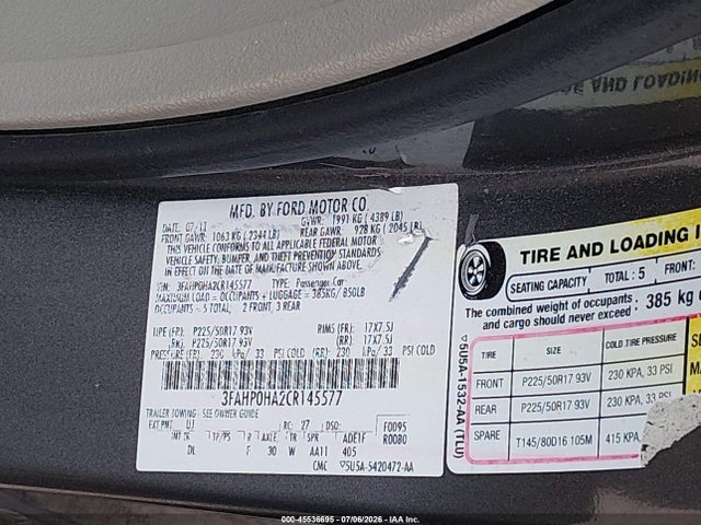 2012 Ford Fusion Se მანქანა იყიდება აუქციონზე, vin: 3FAHP0HA2CR145577, აუქციონის ნომერი: 45536695