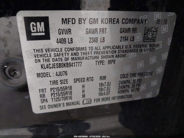 Продаж на аукціоні авто 2019 Buick Encore Awd Preferred, vin: KL4CJESB0KB941777, номер лоту: 45536696