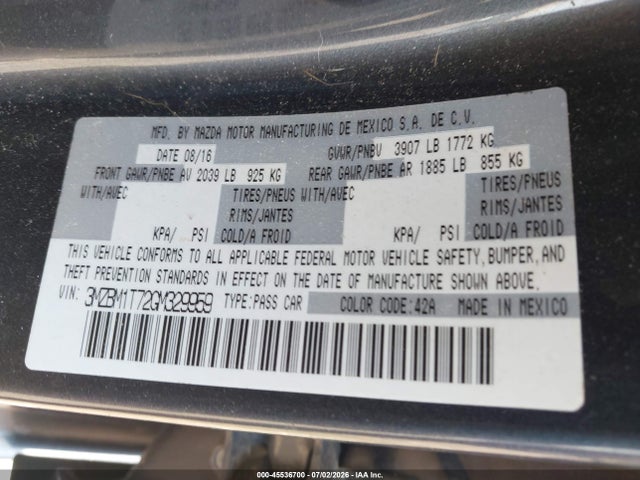 45536700 :رقم المزاد ، 3MZBM1T72GM329959 vin ، 2016 Mazda Mazda3 I Sport مزاد بيع