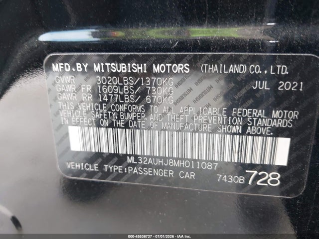 45536727 :رقم المزاد ، ML32AUHJ8MH011087 vin ، 2021 Mitsubishi Mirage Carbonite Edition/es/le مزاد بيع
