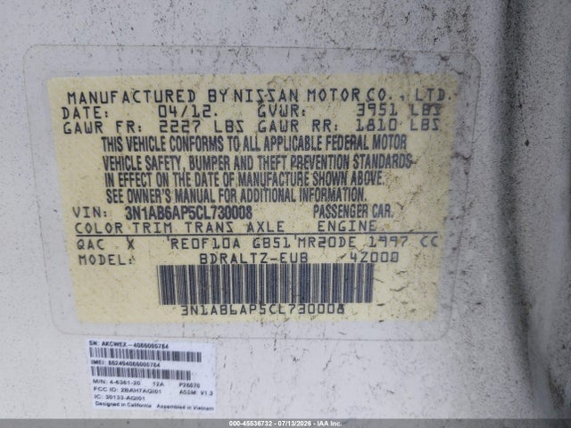 Продаж на аукціоні авто 2012 Nissan Sentra 2.0 Sr, vin: 3N1AB6AP5CL730008, номер лоту: 45536732
