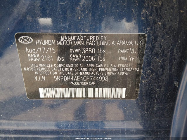 2016 Hyundai Elantra Se მანქანა იყიდება აუქციონზე, vin: 5NPDH4AE4GH744998, აუქციონის ნომერი: 45536734