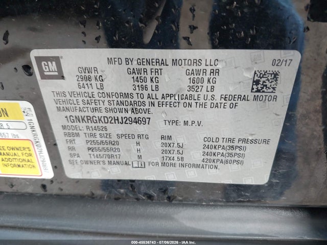 Aukcja sprzedaży 2017 Chevrolet Traverse Lt, vin: 1GNKRGKD2HJ294697, numer aukcji: 45536743