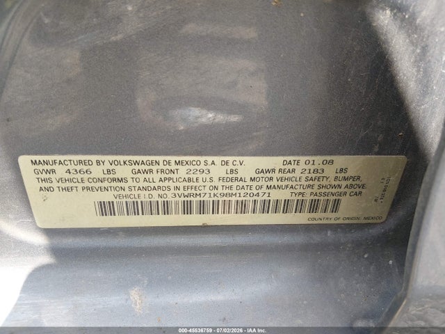 Продаж на аукціоні авто 2008 Volkswagen Jetta Se, vin: 3VWRM71K98M120471, номер лоту: 45536759