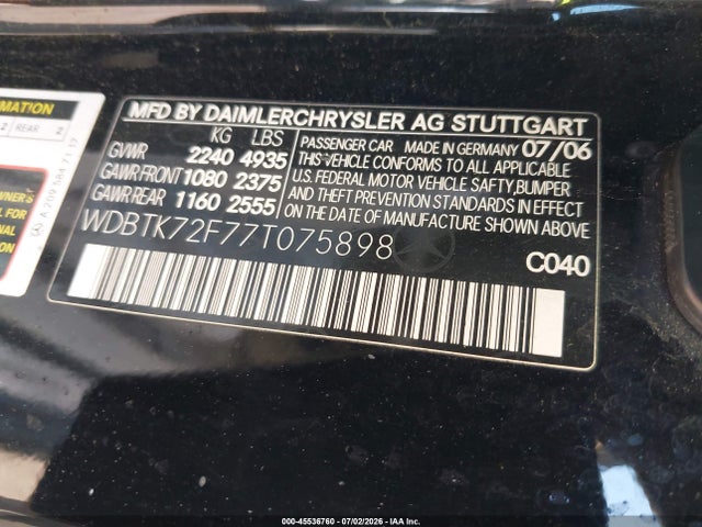 Продаж на аукціоні авто 2007 Mercedes-benz Clk 550, vin: WDBTK72F77T075898, номер лоту: 45536760