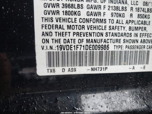 45536761 :رقم المزاد ، 19VDE1F71DE009986 vin ، 2013 Acura Ilx 2.0l مزاد بيع