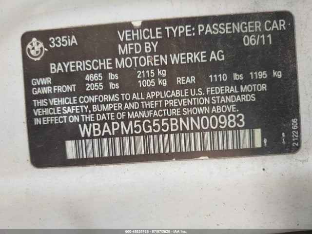 Продаж на аукціоні авто 2011 Bmw 335i, vin: WBAPM5G55BNN00983, номер лоту: 45536766